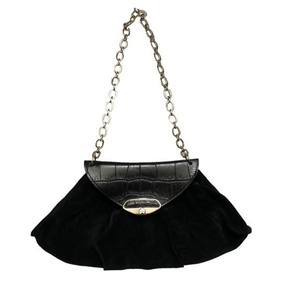 Furla black suede and embossed leather mini clutch bag